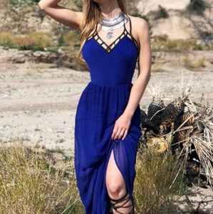 Sexy Royal blue Halter Sheer Party Maxi dress